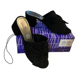 Womens Black Block Heel Slide Sandals with Twist Bow top, Size 8